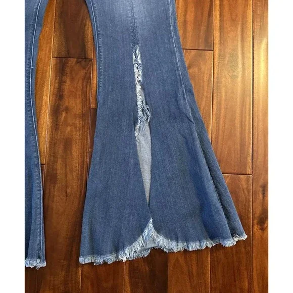 Eva Longoria Flare Distressed Slit Women’s Blue Denim Jeans Size 12 - Picture 2 of 16